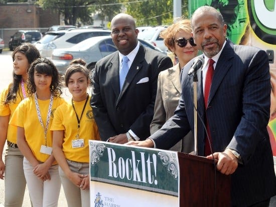 Dr. Bernard A. Harris from the Harris Foundation, speaks at the RockIt! press conference at Marshall Middle School (Dave Rossman photo)