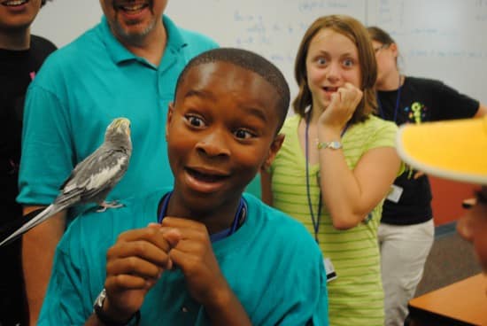 A ExxonMobil Bernard Harris Summer Science Camp student at Trine University experiencing a bird up close and personal. (courtesy)