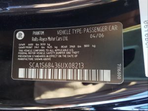 2006 Rolls-Royce Phantom manufacturer's tag