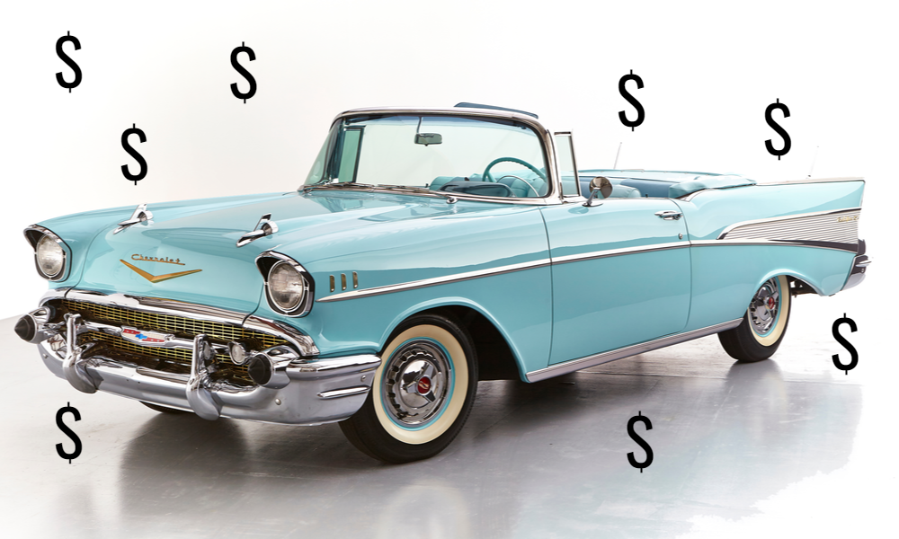 57 Chevy Belair with dollar signs representing net gain