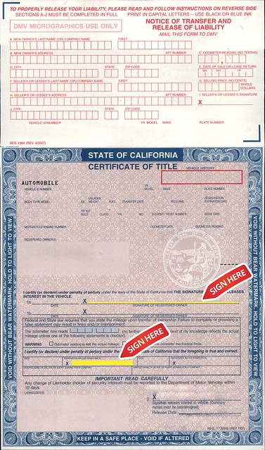 Example of a title (pink slip) in California with instructions where to sign it Example of a title (pink slip) in California with instructions where to sign it