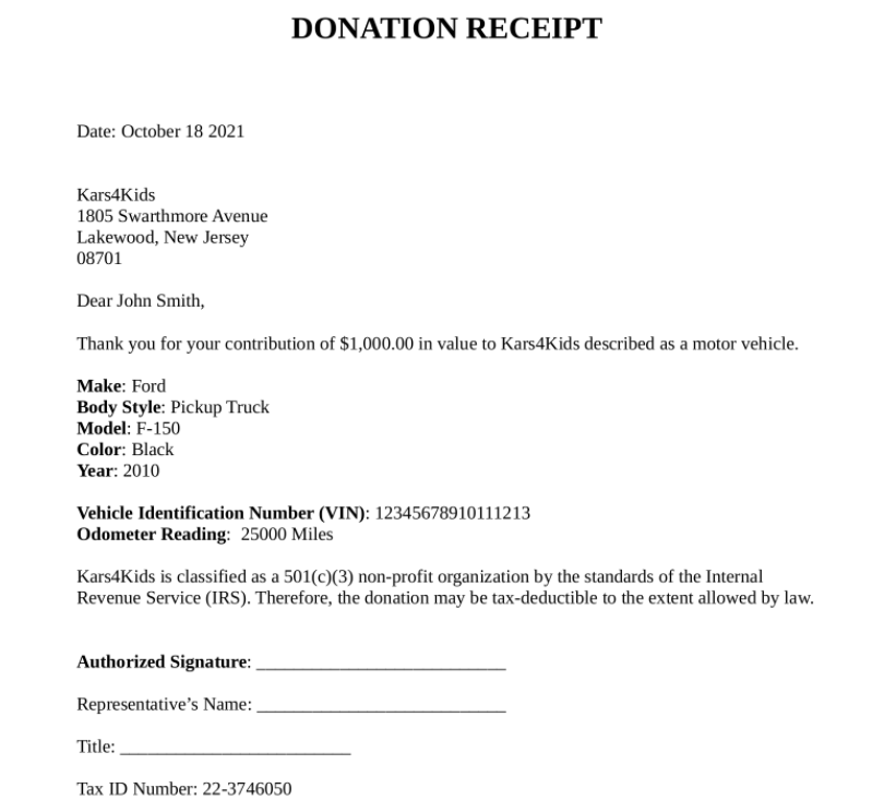 Example of a car donation receipt: IRS requirement