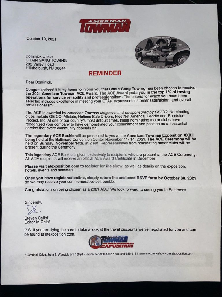 Official Confirmation Letter to 2021 winner of the Towman ACE Award, Dominick Linker and Chain Gang Towing 