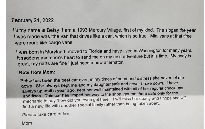 Donor Letter from Betsy