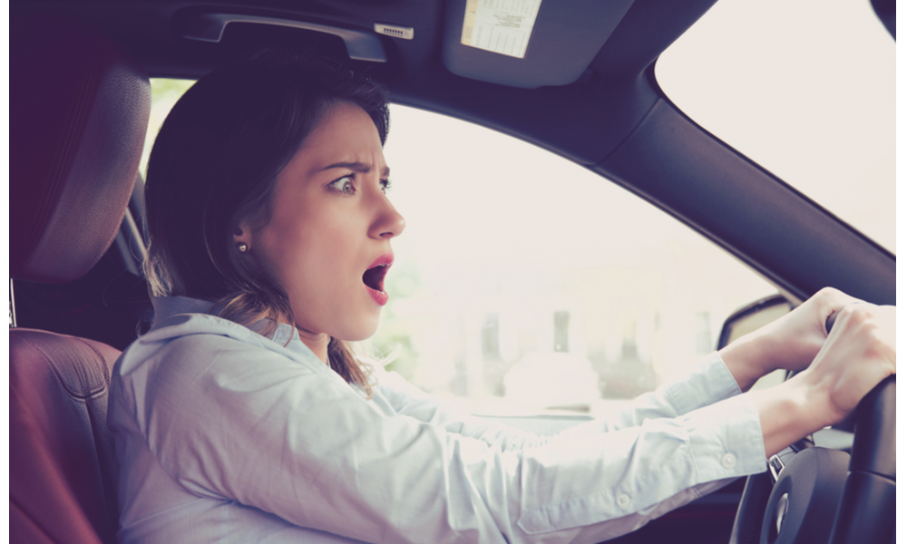 freaked out female driver, deal with potholes