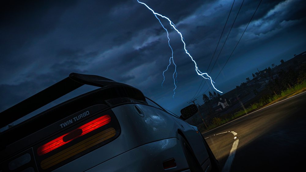 car about to drive into lightning storm