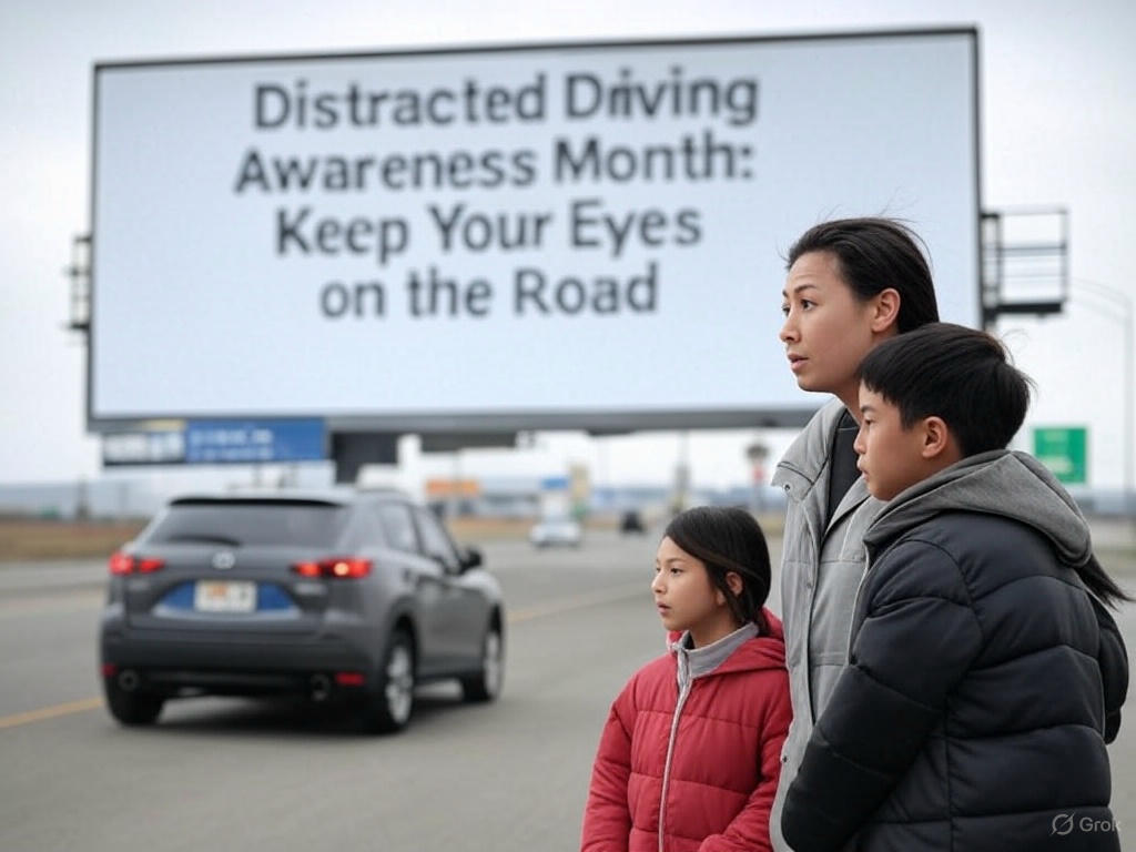 Mother and children side of the road, in background billboard "distracted driving awareness month: keep your eyes on the road