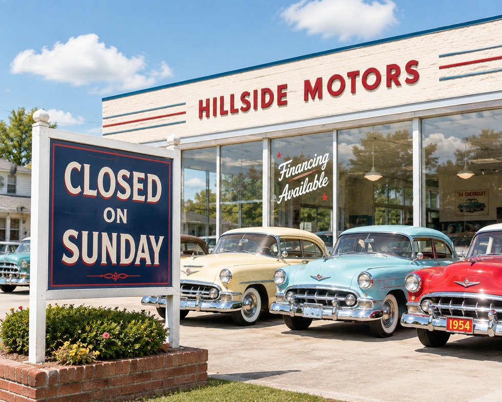 old-fashioned dealership with sign: Closed on Sunday